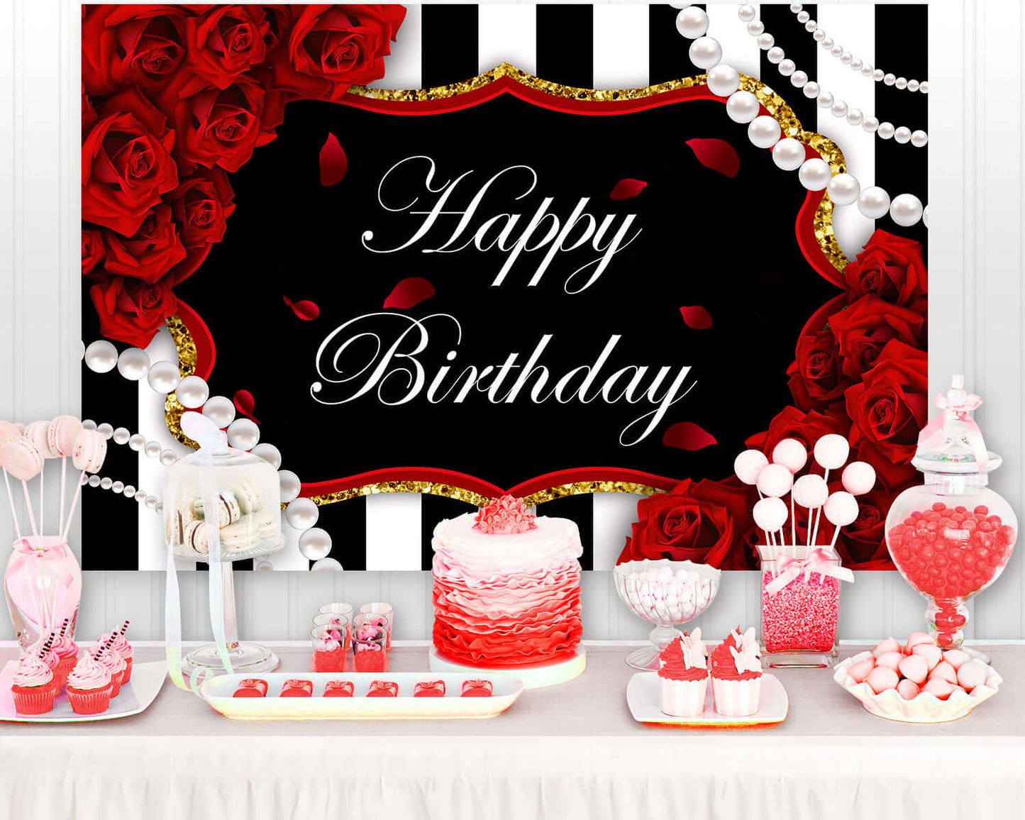 Red Rose Birthday Backdrop for 7x5ft Flowers Pearl Black and White Stripes Happy Birthday Photography Background for Girl Women Decorations Banner Photo Booth Supplies