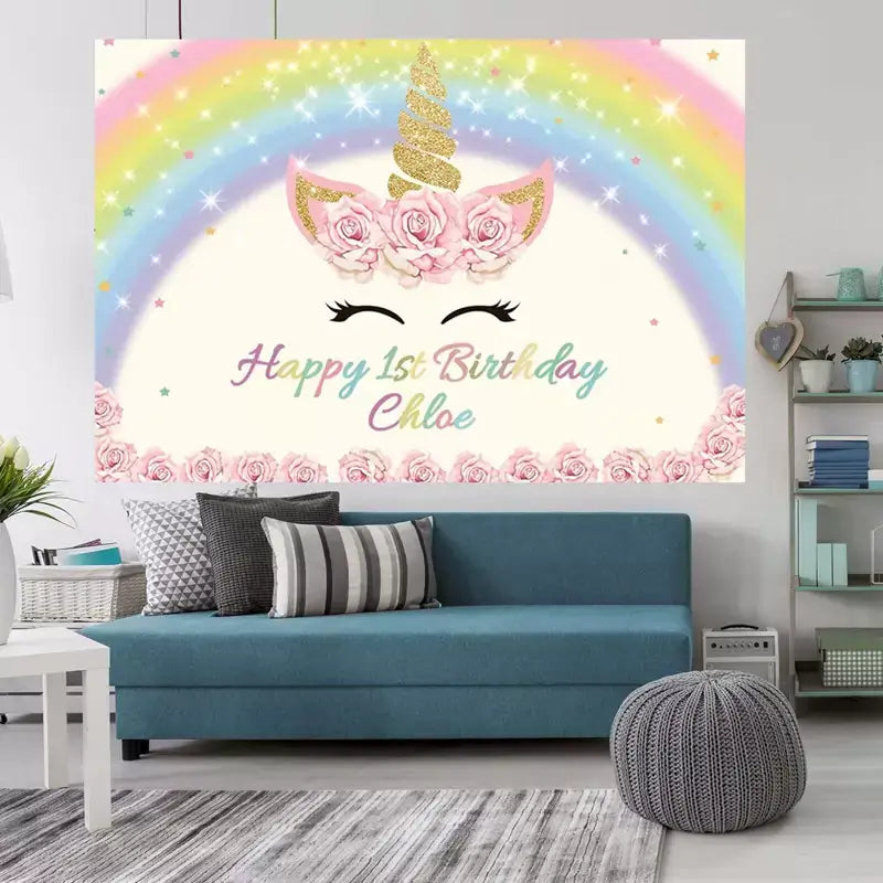 Magical unicorn birthday banner with rainbow, pastel colors, and 'Happy 1st Birthday' message – ideal for a first birthday photo booth or decorations