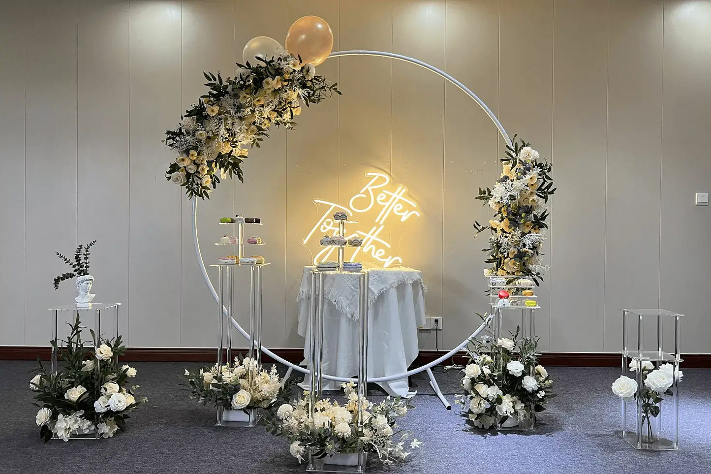 Wedding Arch Photo Booth Backdrop Stand Party & Hoop Balloon Circle Loop Flower White Silver Gold Metal Stand Round Backdrop