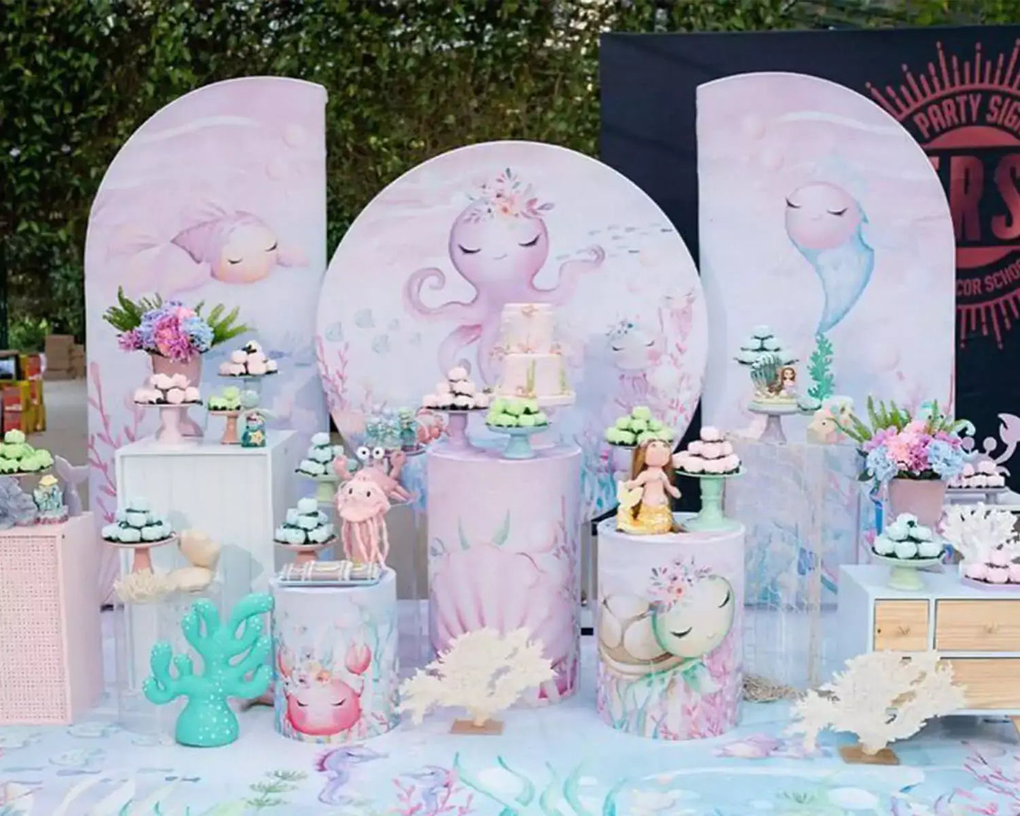 Purple Cartoon Octopus Round Backdrop Cover for Kids Baby Shower Party Decoration Undersea Mermaid Birthday Background