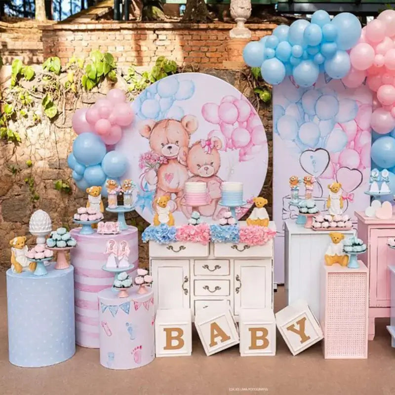Sensfun Bear Boy or Girl Round Circle Backdrop Cover Gender Reveal Party Background Photography Pink Blue Balloons Wall Photobooth
