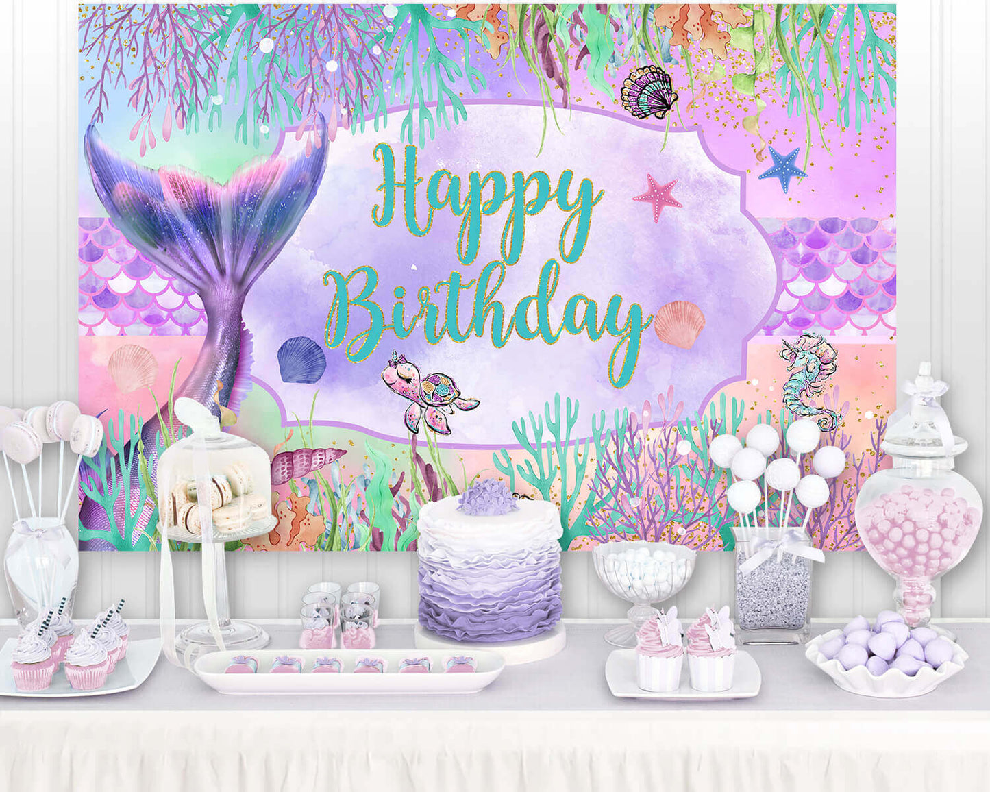 Mermaid Birthday Backdrop Glitter Mermaid Scales Backdrops Kids Birthday Party Decor Girls Princess Baby Shower Photo Background Purple Aqua Green Shell Backdrop