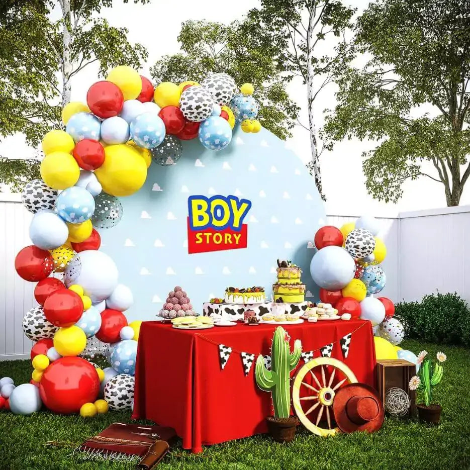 Toy Inspired Story Balloons Garland Arch Kit 5 inch +10 inch +12inch+18 inch Pastel Blue Yellow Red Balloons Happy Birthday Balloons Baby Shower Decorations