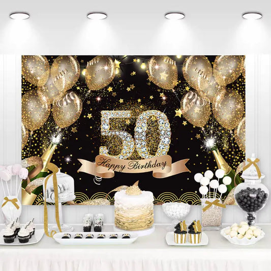 Elegant 50th birthday backdrop with diamond-studded '50', gold balloons, champagne bottles, and sparkling confetti – perfect for milestone birthday parties.