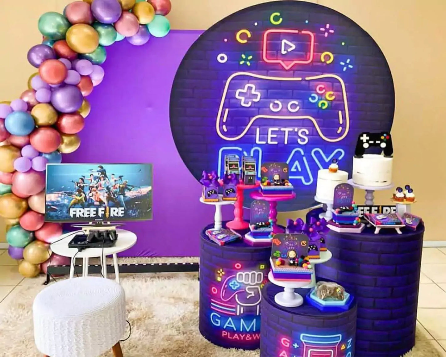 Neon Lights Playstation Games Round Backdrop Birthday Party Decoration Candy Table Circle Cylinder covers Photo studio Background