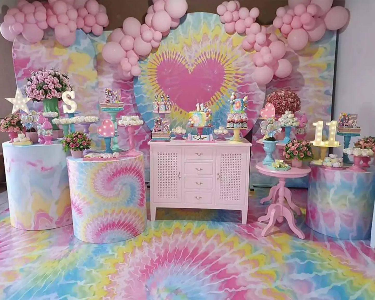 Rainbow Tie dye Round Circle Photography Backgrounds Light Pink Girl 1st Birthday Party Backdrops Pillars cylinder cover