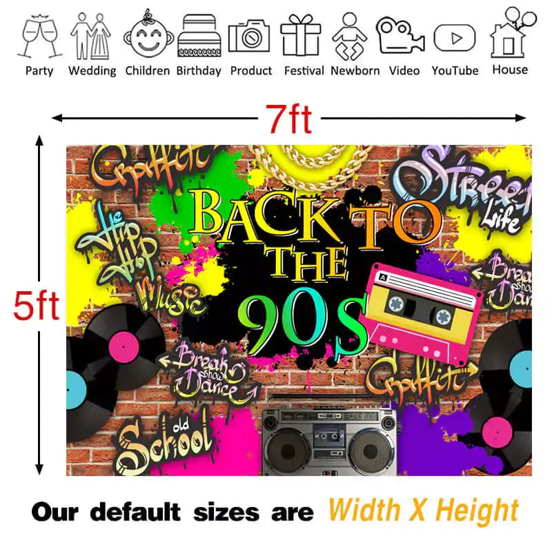 Vibrant 90s themed party backdrop featuring graffiti art, cassette tape, vinyl records, and street style elements for a nostalgic celebration