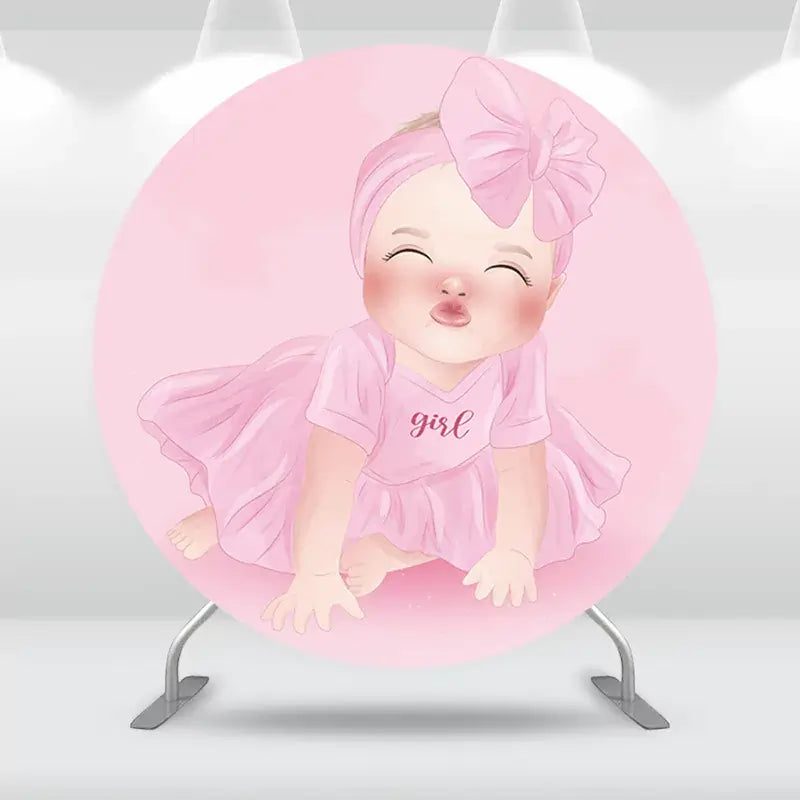 Cute baby girl-themed round backdrop with a smiling baby girl in pink, perfect for creating a fun and adorable party atmosphere.