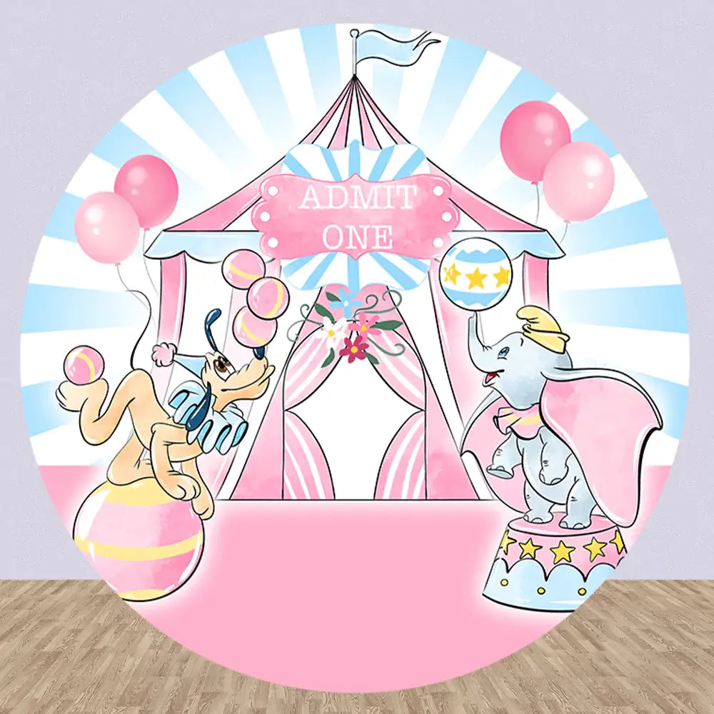 Circus-themed round backdrop with a big top tent and circus performers juggling balls, perfect for carnival-themed parties and celebrations.