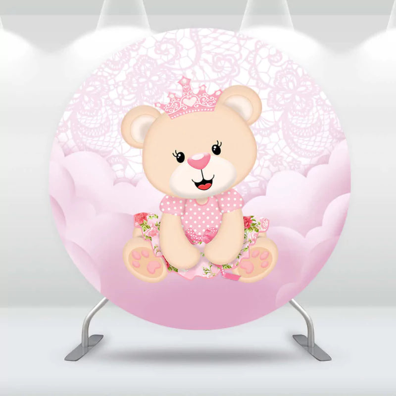 Round backdrop featuring a cute teddy bear princess in pink with lace and cloud accents, ideal for baby girl parties.