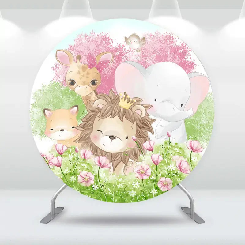 Round woodland animals backdrop featuring a lion with a crown, an elephant, and a giraffe in a floral landscape.