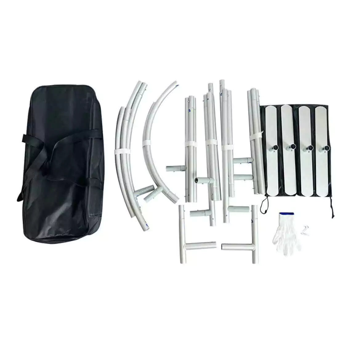 An assembly kit for an arch backdrop frame, including curved and straight metal frame pieces, connectors, a pair of gloves, and a carrying bag. The components are organized and laid out for easy setup.