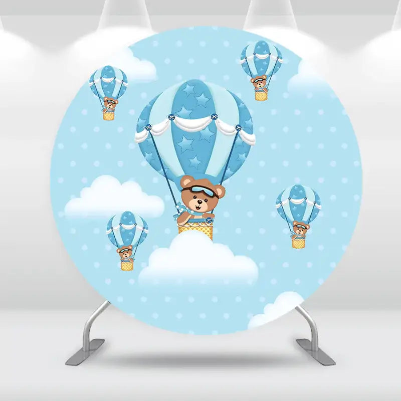 Round backdrop featuring teddy bears in blue hot air balloons floating in the sky with clouds, perfect for baby showers and kids' parties