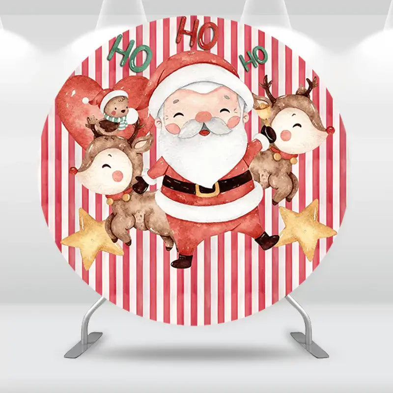 Round Christmas backdrop featuring Santa Claus, reindeer, and stars on a red and white striped background, perfect for holiday parties and celebrations.