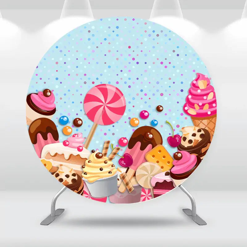 Colorful backdrop with ice cream cones, candies, and sprinkles for a sweet-themed party.