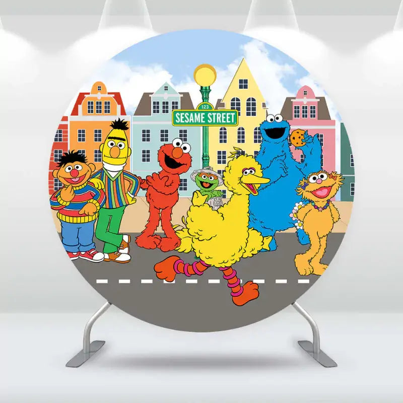 Round Sesame Street backdrop with characters like Elmo, Big Bird, Cookie Monster, and Bert and Ernie, perfect for kids' birthday parties.