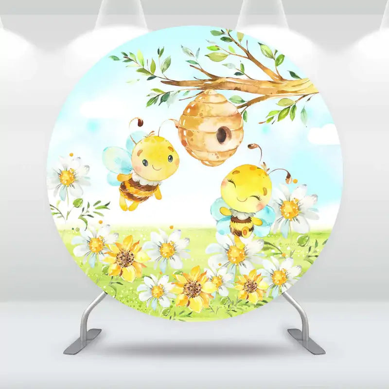 Round party backdrop featuring smiling bumblebees and daisies, perfect for bee-themed celebrations and baby showers.