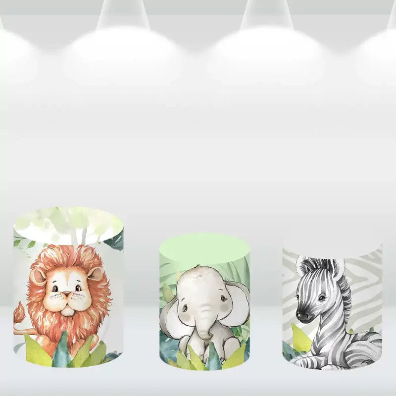 Cylinder covers with safari animal designs including a lion, elephant, and zebra, perfect for jungle-themed baby showers