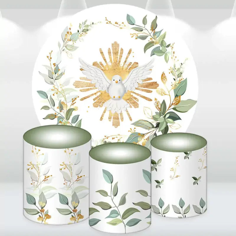 Dove and Leaves-themed backdrop set with greenery and gold-accented cylinder covers.