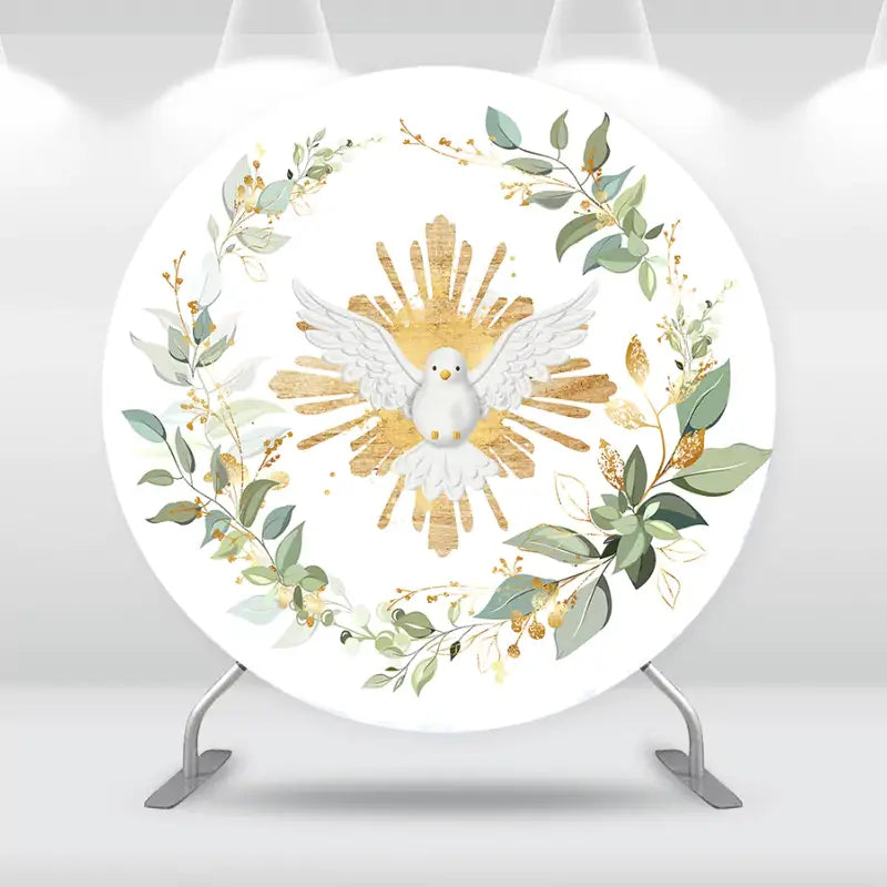 Round backdrop featuring a white dove with golden rays surrounded by leafy greenery.