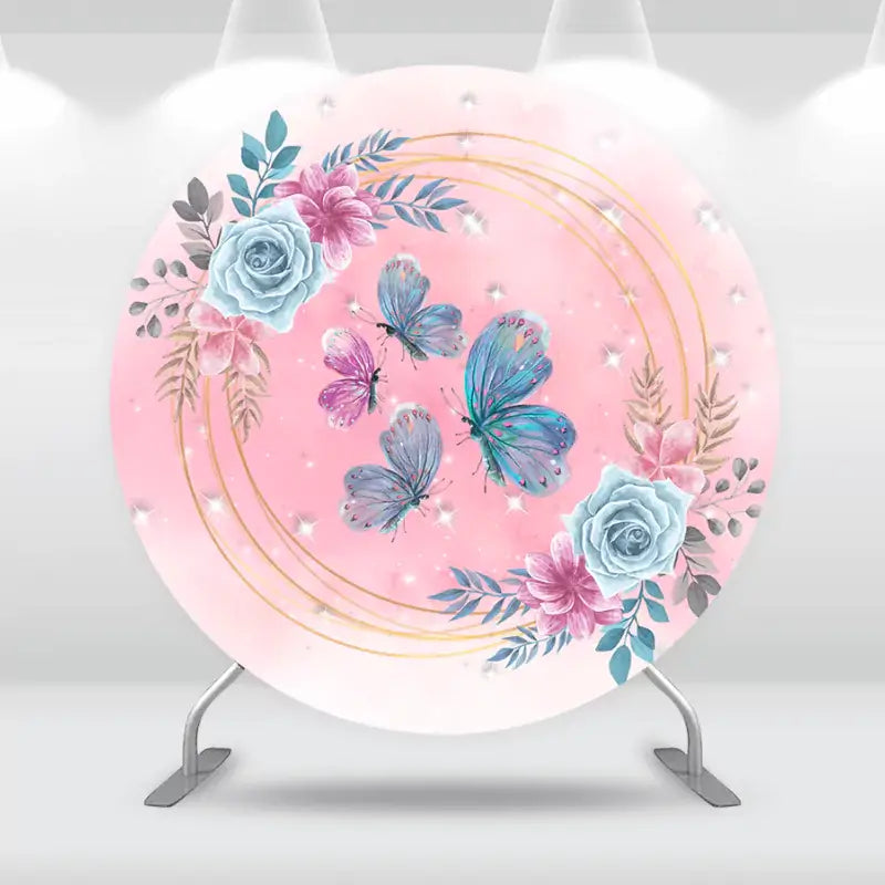 Elegant butterfly and floral-themed round backdrop in soft pastel colors, ideal for garden parties and birthdays.