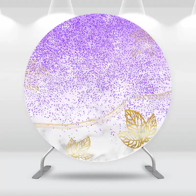 Purple glitter and gold leaf round backdrop, ideal for creating an elegant atmosphere at weddings, parties, and special celebrations.