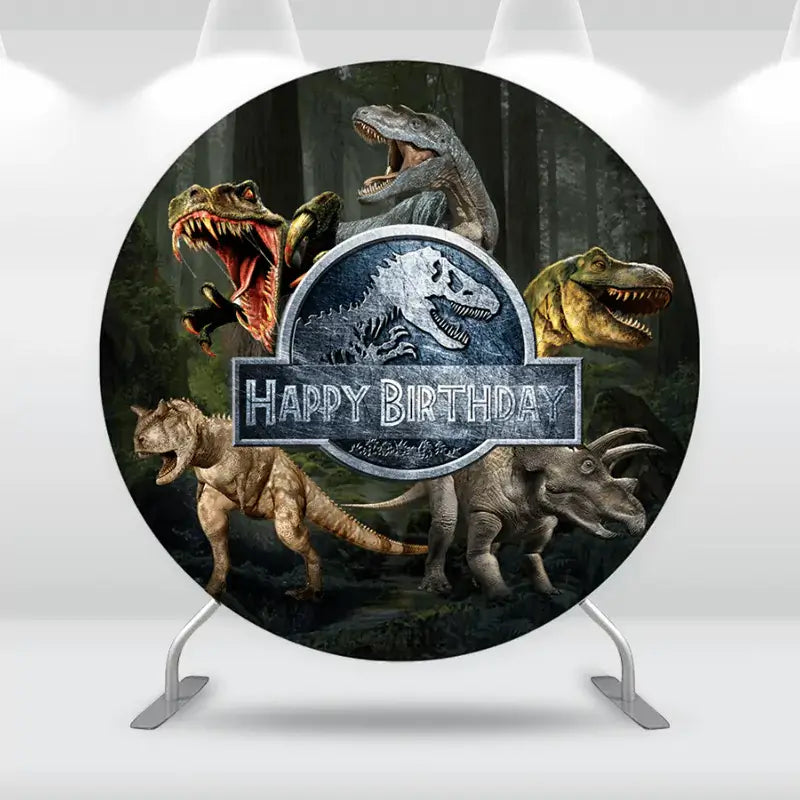 Jurassic-themed backdrop with T-Rex, Raptors, and a 'Happy Birthday' sign, perfect for a dinosaur-themed party.