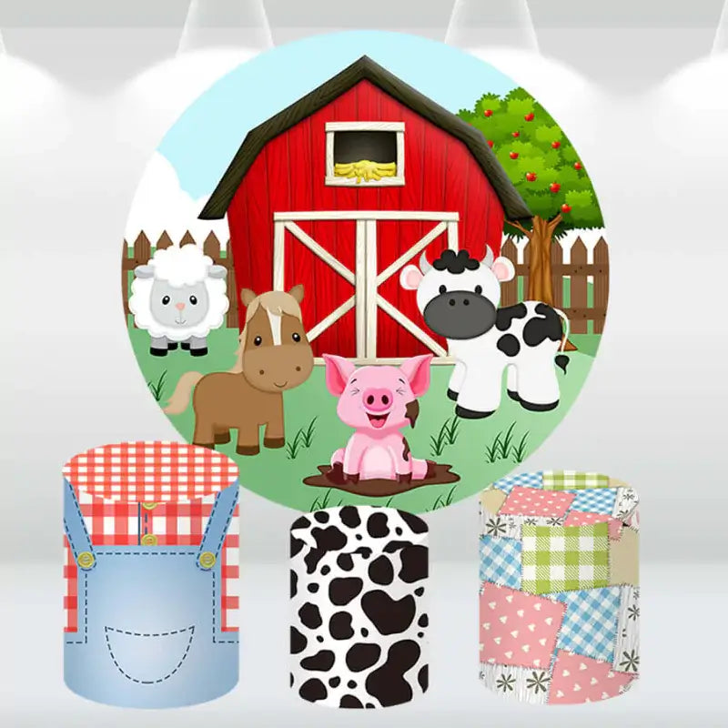 Barnyard party decor set featuring a red barn backdrop with farm animals and themed cylinder covers