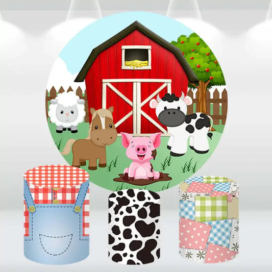 Barnyard party decor set featuring a red barn backdrop with farm animals and themed cylinder covers