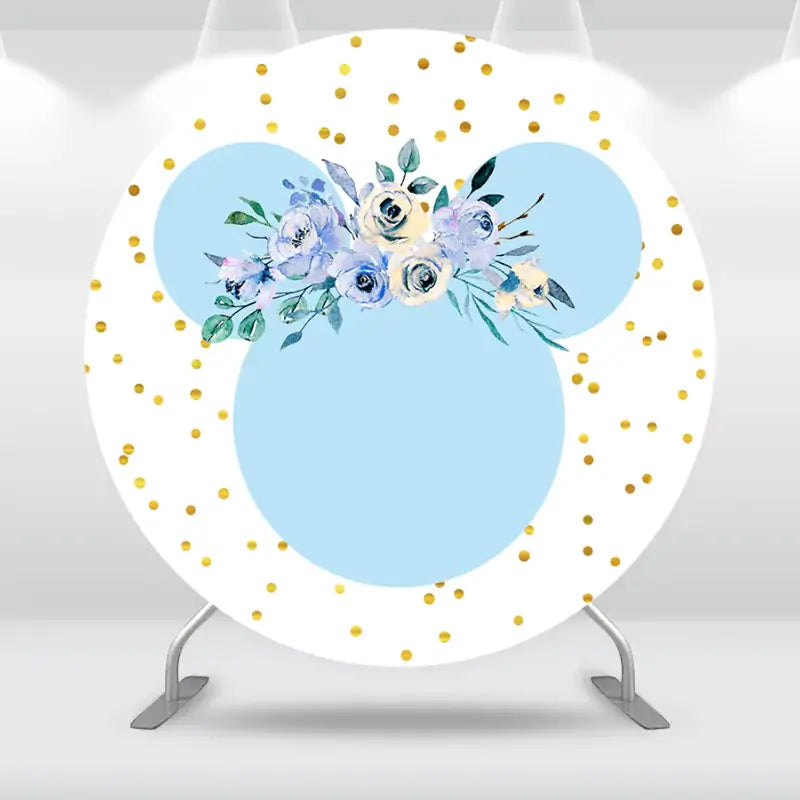 Round mouse ears backdrop with blue floral accents and gold polka dots, ideal for birthdays and baptisms.