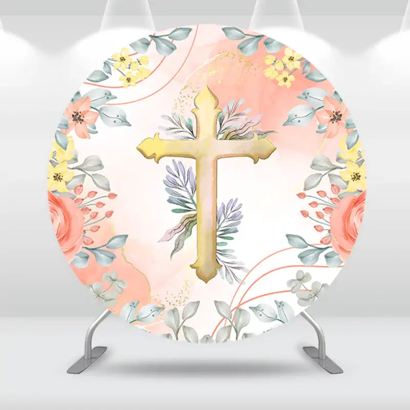 Round religious-themed backdrop featuring a golden cross with soft floral designs, ideal for baptisms, first communions, and spiritual ceremonies