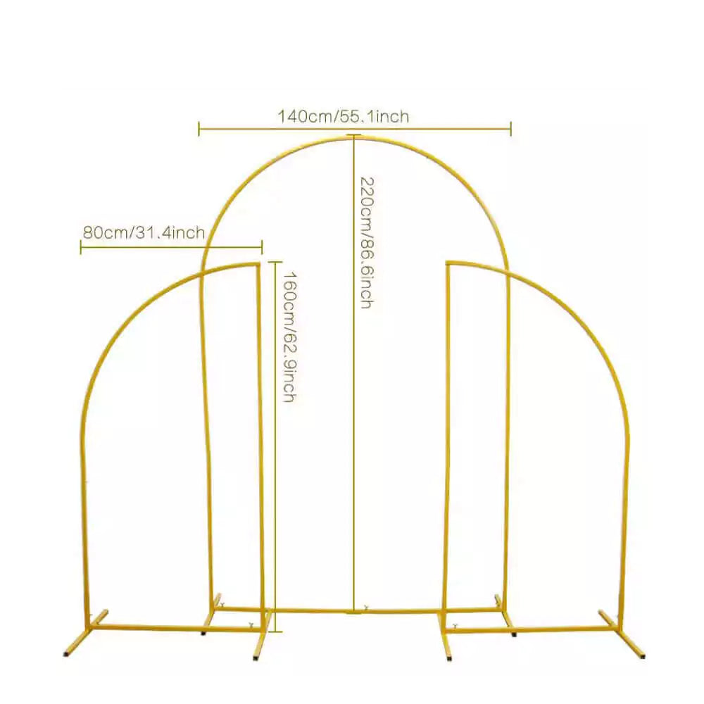 A gold-colored metal arch backdrop frame with three sections, showing measurements. The central arch is 140 cm (55.1 inches) wide and 220 cm (86.6 inches) tall, while the side arches are 80 cm (31.4 inches) wide and 160 cm (62.9 inches) tall.
