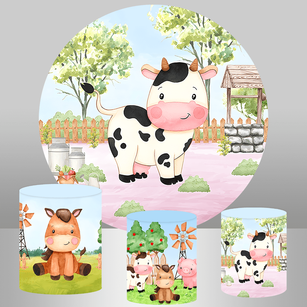 Round Farm Animals Theme Backdrop for Photography Farm Barn Animals Round Backdrop Cover for Kids Party Cartoon Farm Animals Birthday Party Photoshoot Polyester Photography Background