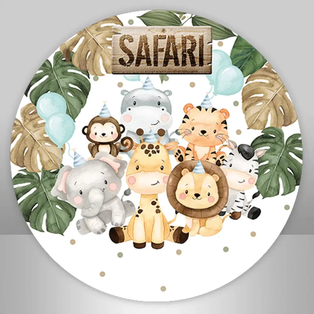 Safari-themed round backdrop featuring jungle animals including a lion, giraffe, monkey, zebra, and elephant, with green leaves and safari sign.
