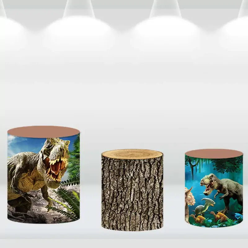 Cylinder covers with realistic dinosaur designs, including T-Rex and forest-themed patterns.