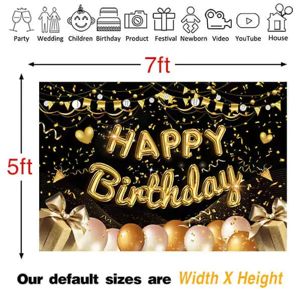 Sophisticated black and gold birthday party backdrop, decorated with balloons and golden sparkles, perfect for creating a glamorous atmosphere.