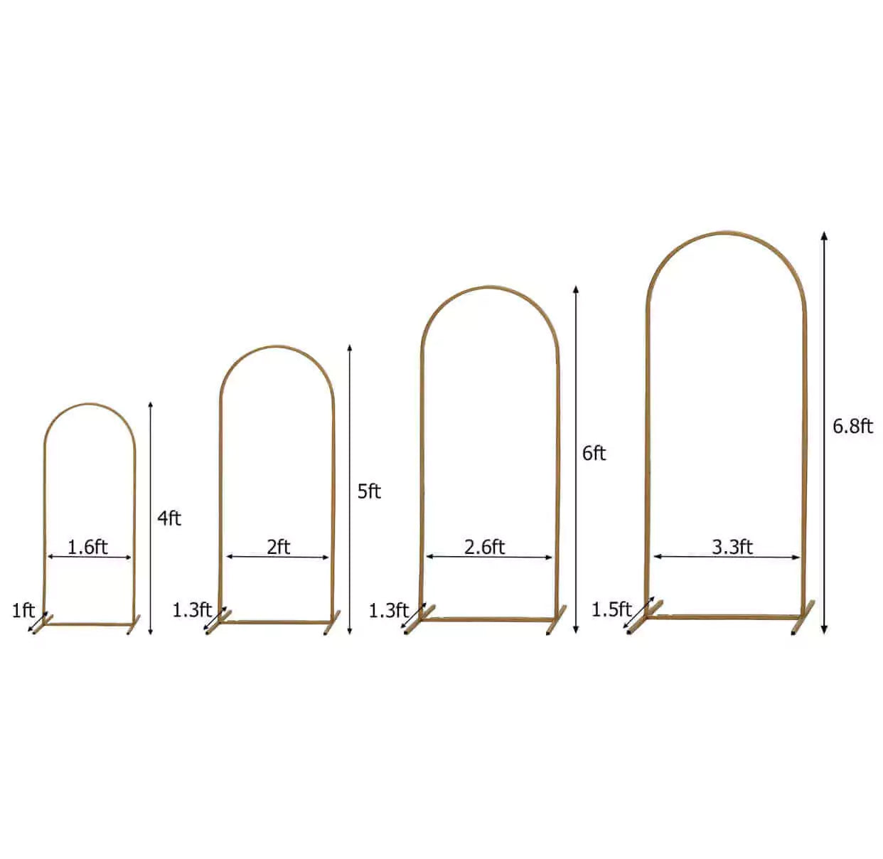 A chart displaying the dimensions of four metal arch stands with varying heights and widths. The stands have measurements labeled in feet. From left to right: the first stand is 4 feet tall and 1.6 feet wide, the second is 5 feet tall and 2 feet wide, the third is 6 feet tall and 2.6 feet wide, and the fourth is 6.8 feet tall and 3.3 feet wide. Each stand has a base depth labeled as either 1 foot or 1.5 feet. The stands are arched at the top and have a slim design.