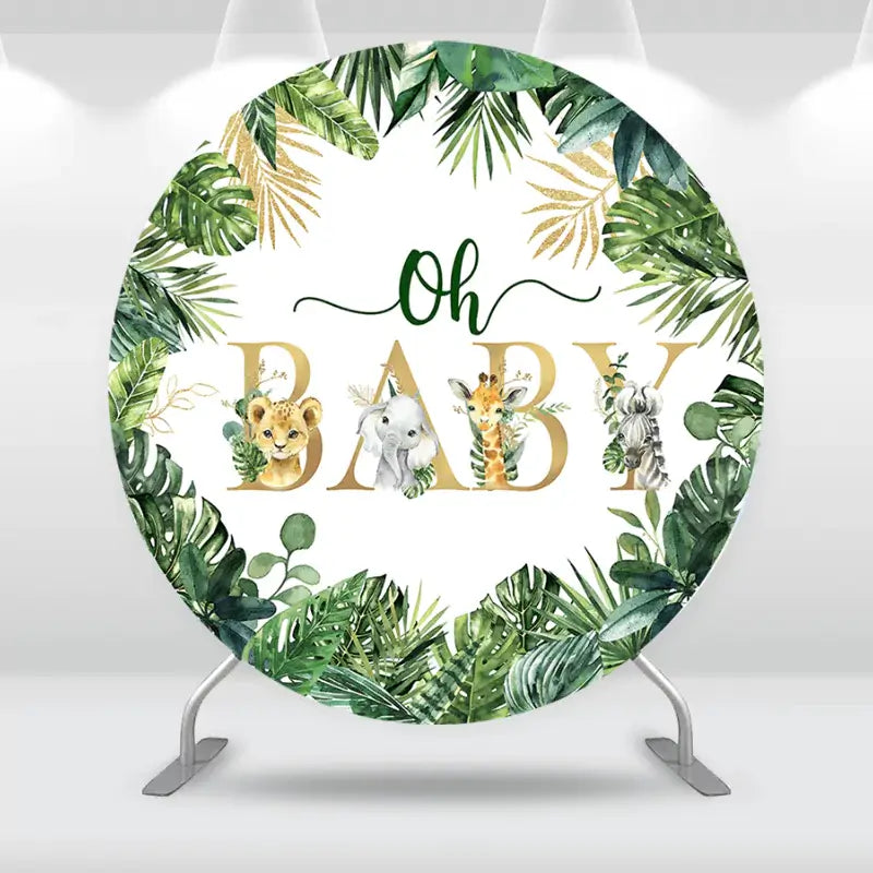 Safari animals and tropical leaves design on an "Oh Baby" round backdrop for baby showers