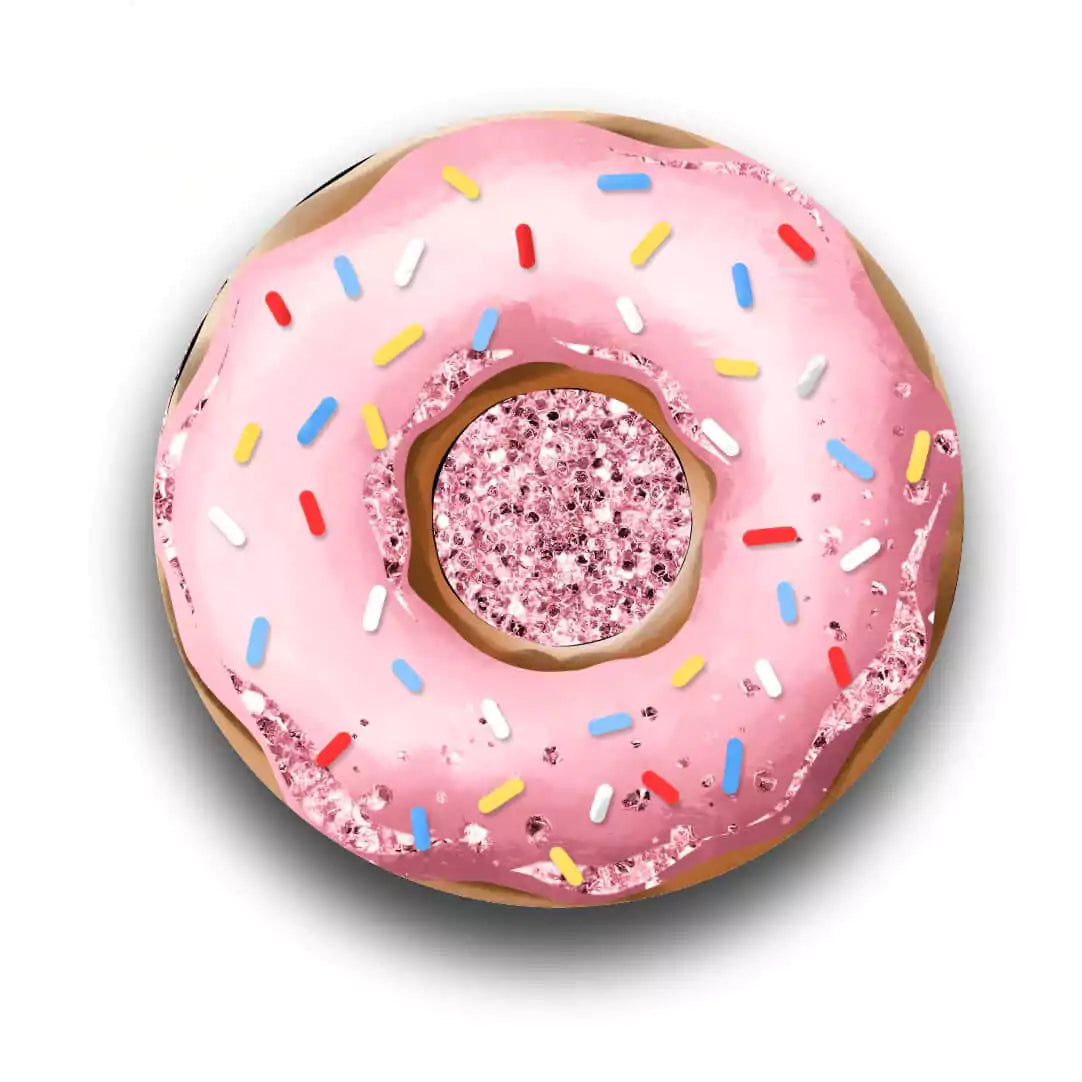 Round donut-themed backdrop featuring a large pink donut with colorful sprinkles, perfect for dessert-themed parties and birthday celebrations.