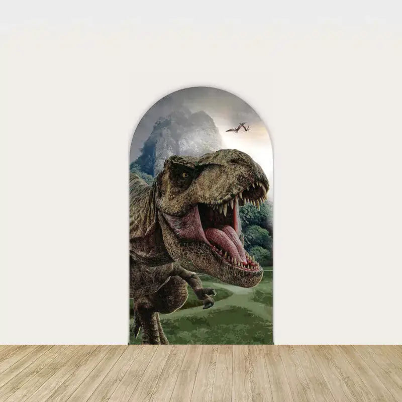 Center arch backdrop showcasing a close-up of a roaring T-Rex in a prehistoric jungle setting