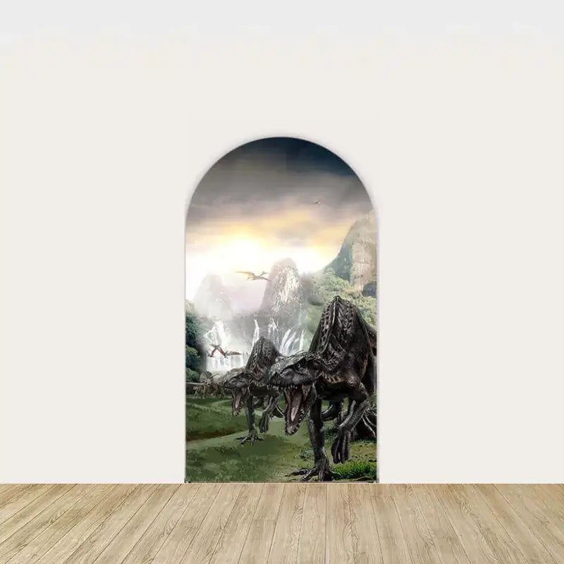 Right arch backdrop featuring a pair of velociraptors in a jungle landscape with a sunset sky.