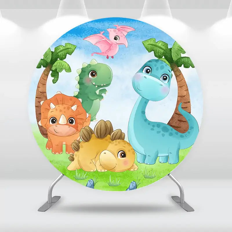 Colorful dino backdrop featuring friendly dinosaurs in a prehistoric setting, perfect for fun-themed celebrations.