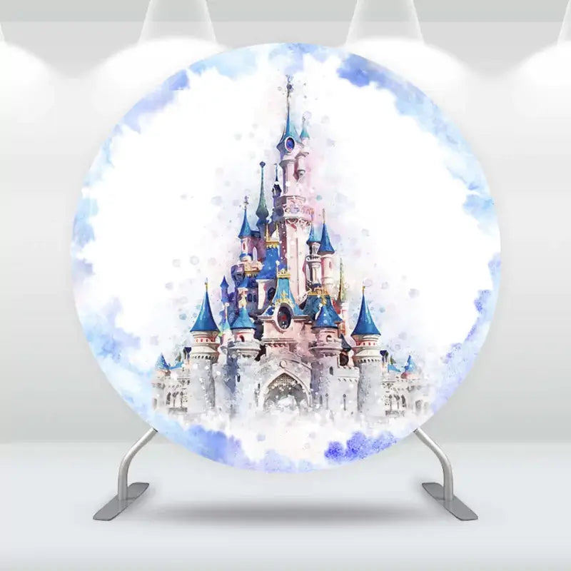 Castle-themed round backdrop with soft pastel hues and a dreamy design, ideal for princess parties.