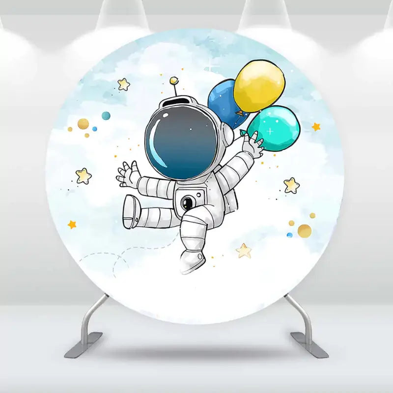 Astronaut-themed party backdrop with an astronaut floating in space holding colorful balloons, surrounded by stars.