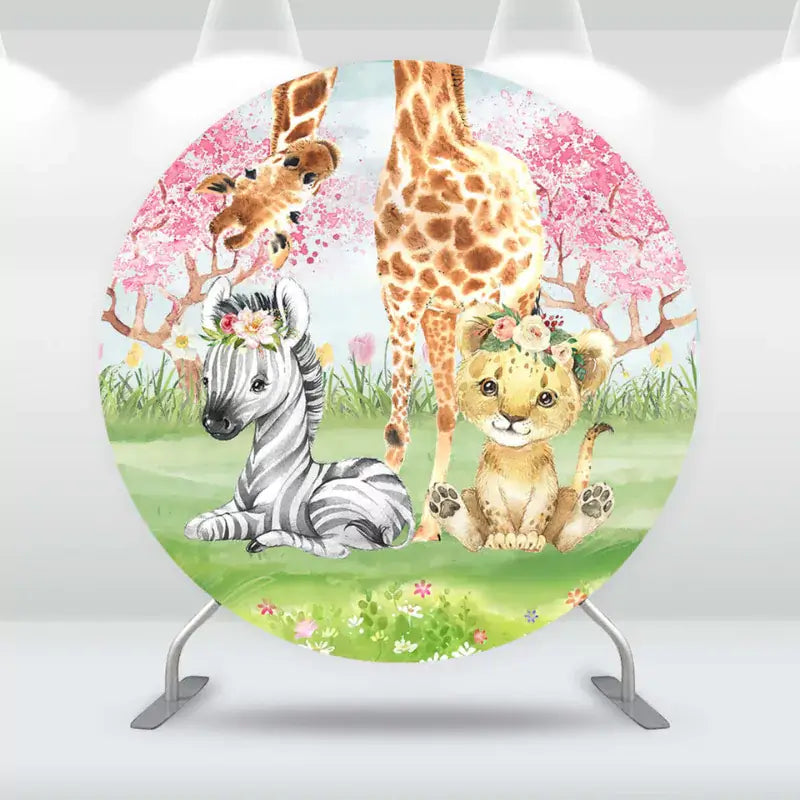 Jungle-themed baby shower backdrop with a cute giraffe, zebra, and lion cub in a floral landscape.