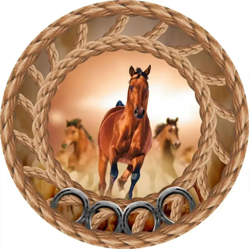 Round western-themed backdrop featuring a galloping horse framed by braided rope and horseshoes, perfect for cowboy parties and ranch-themed events.