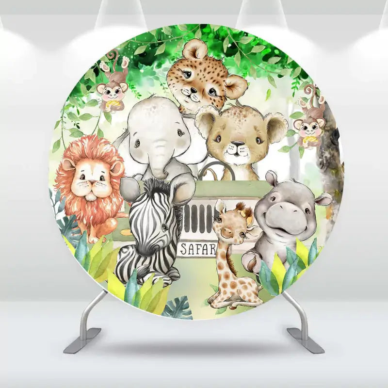Round jungle safari baby shower backdrop with a lion, elephant, zebra, and other safari animals in a green jungle.