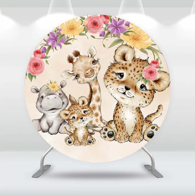 Round party backdrop featuring baby jungle animals including a giraffe, leopard, and hippo, with floral accents on a beige background.