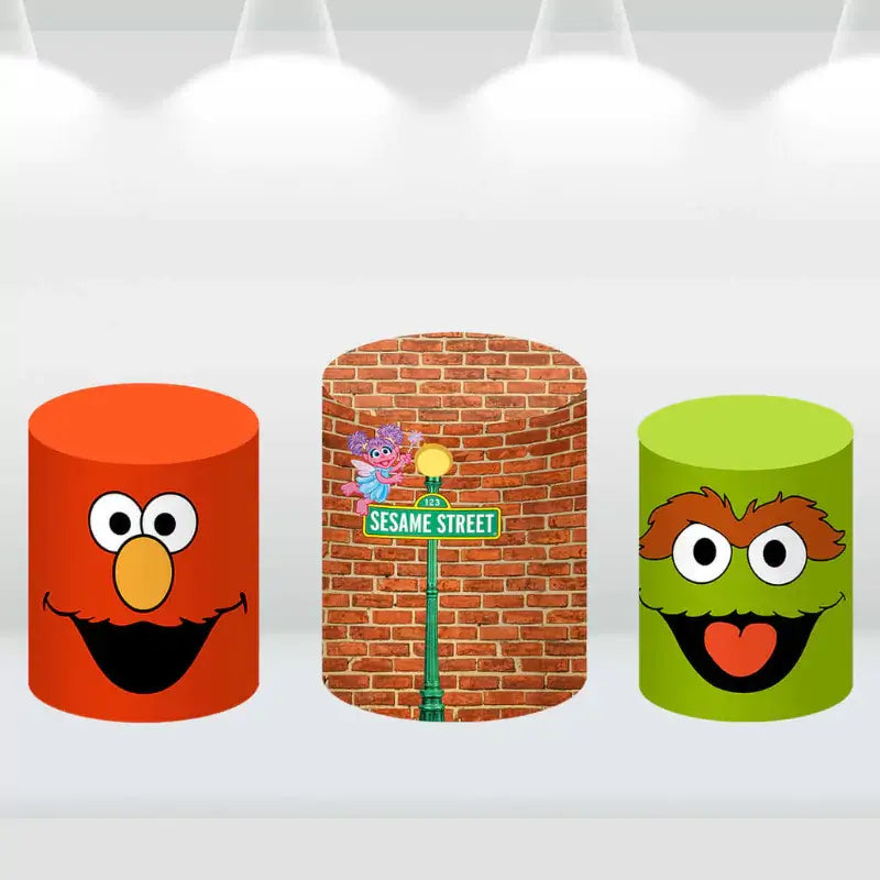 Sesame Street-themed cylinder covers with designs of Elmo, Oscar, and the Sesame Street sign, complementing the colorful backdrop.