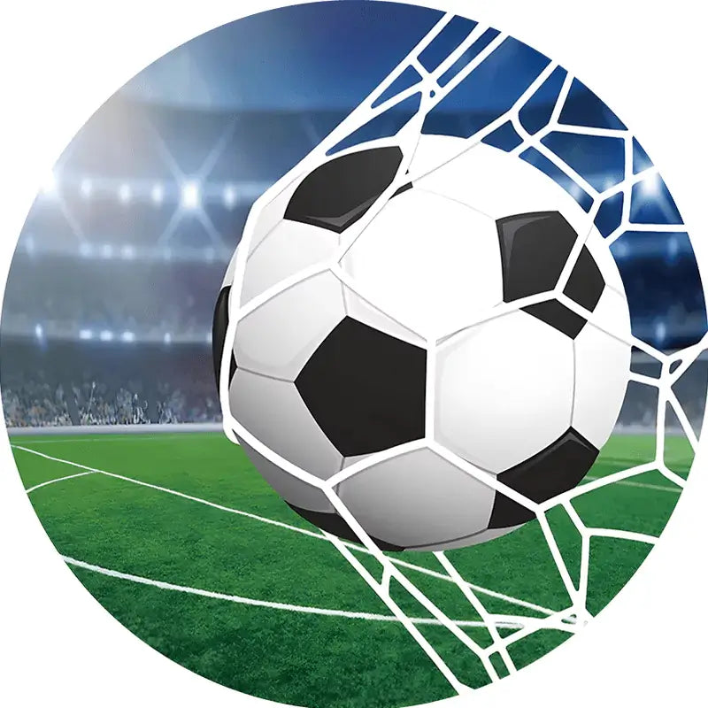 Round soccer-themed backdrop featuring a soccer ball hitting the net in a stadium, perfect for football-themed parties and sports events.